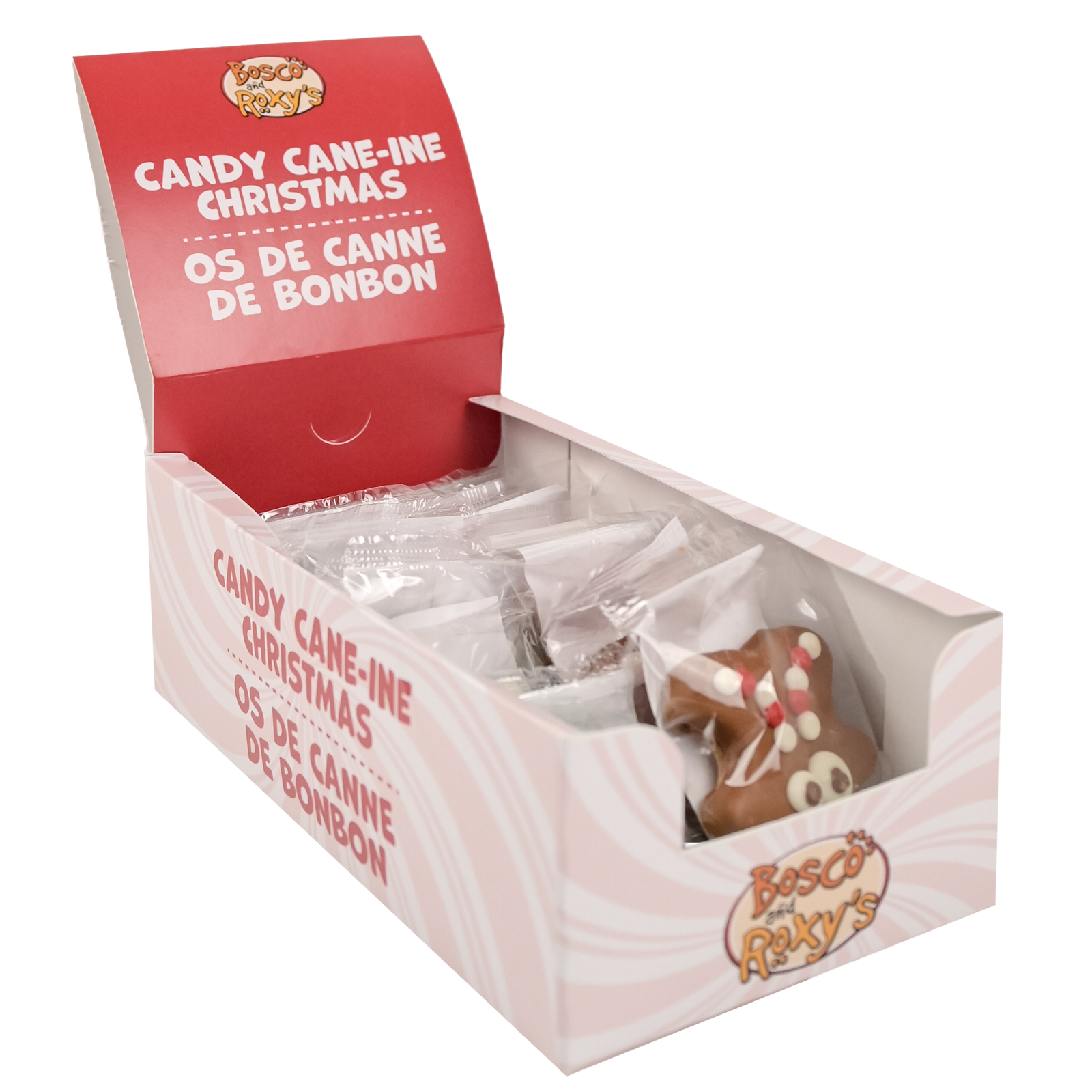 Display box of Bosco & Roxy's Candy Cane-in Christmas treats with a red lid.